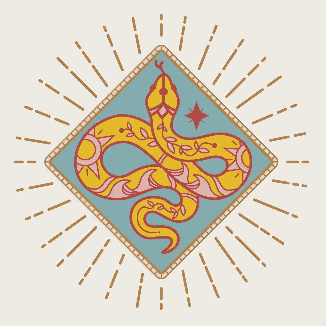 Ember Studio Logo, snake with waves and suns and leaves decorating it. Diamond orientation square around the snake with rays around the design