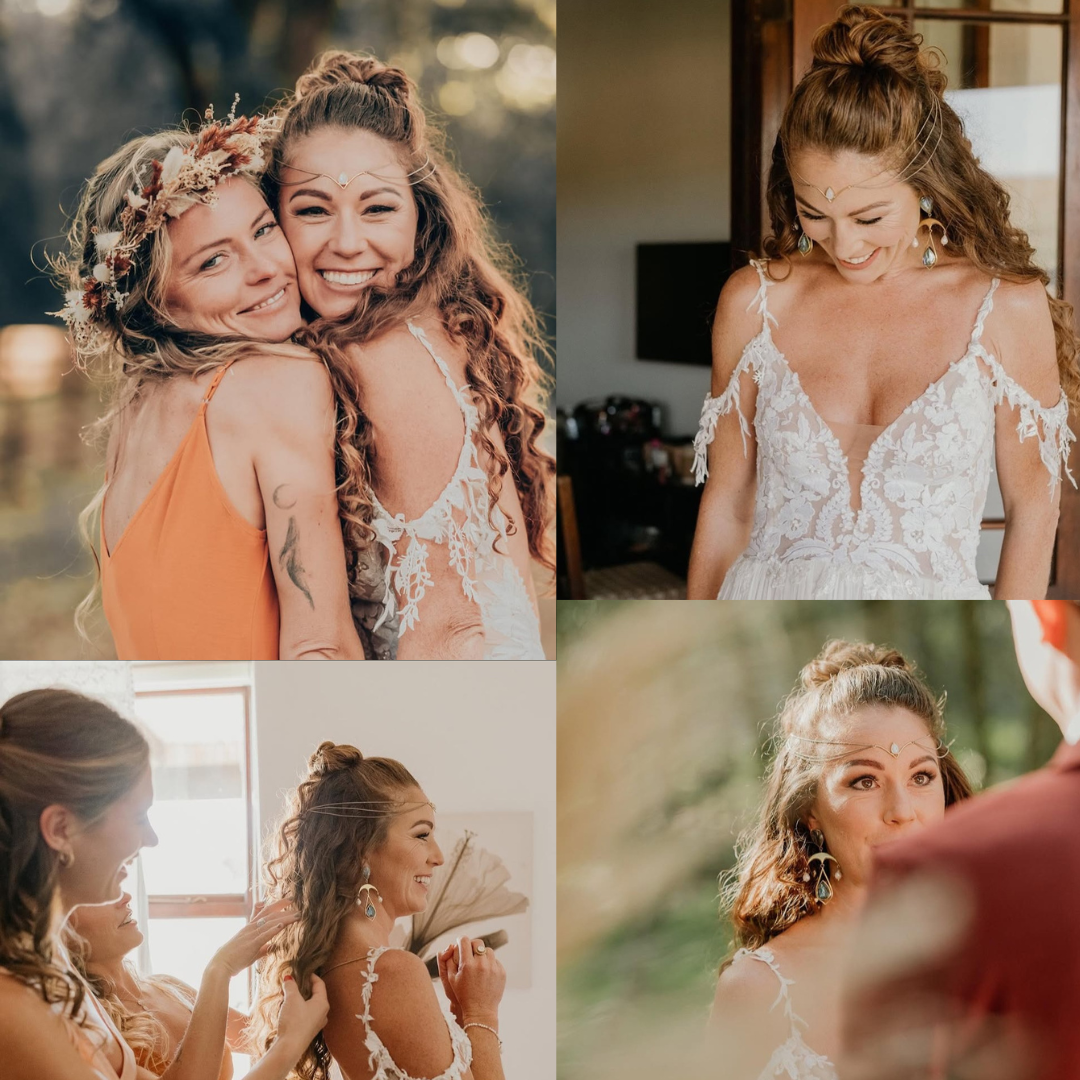 Collage of beautiful boho women, one bride wearing custom earrings and a headpiece.