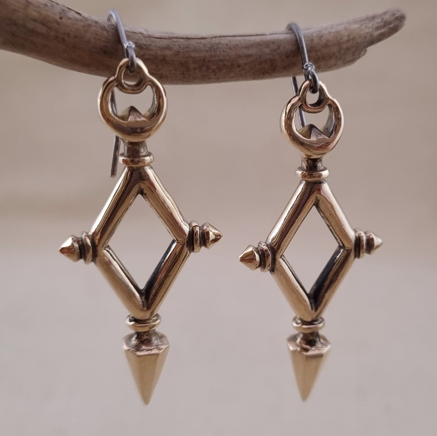 Pair of gold-colored diamond-shaped earrings hanging from a branch.