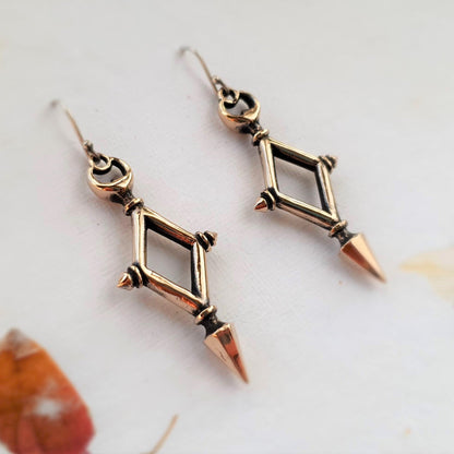 Pair of gold geometric earrings on a floral background