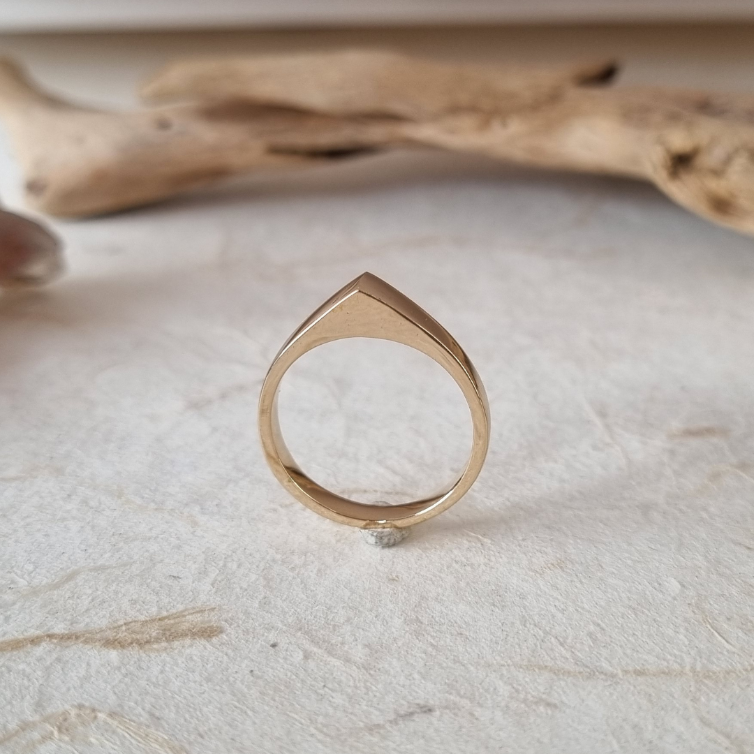 Gold ring on a textured surface with driftwood in the background
