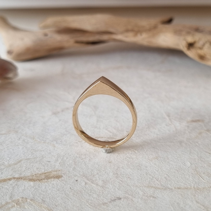 Gold ring on a textured surface with driftwood in the background